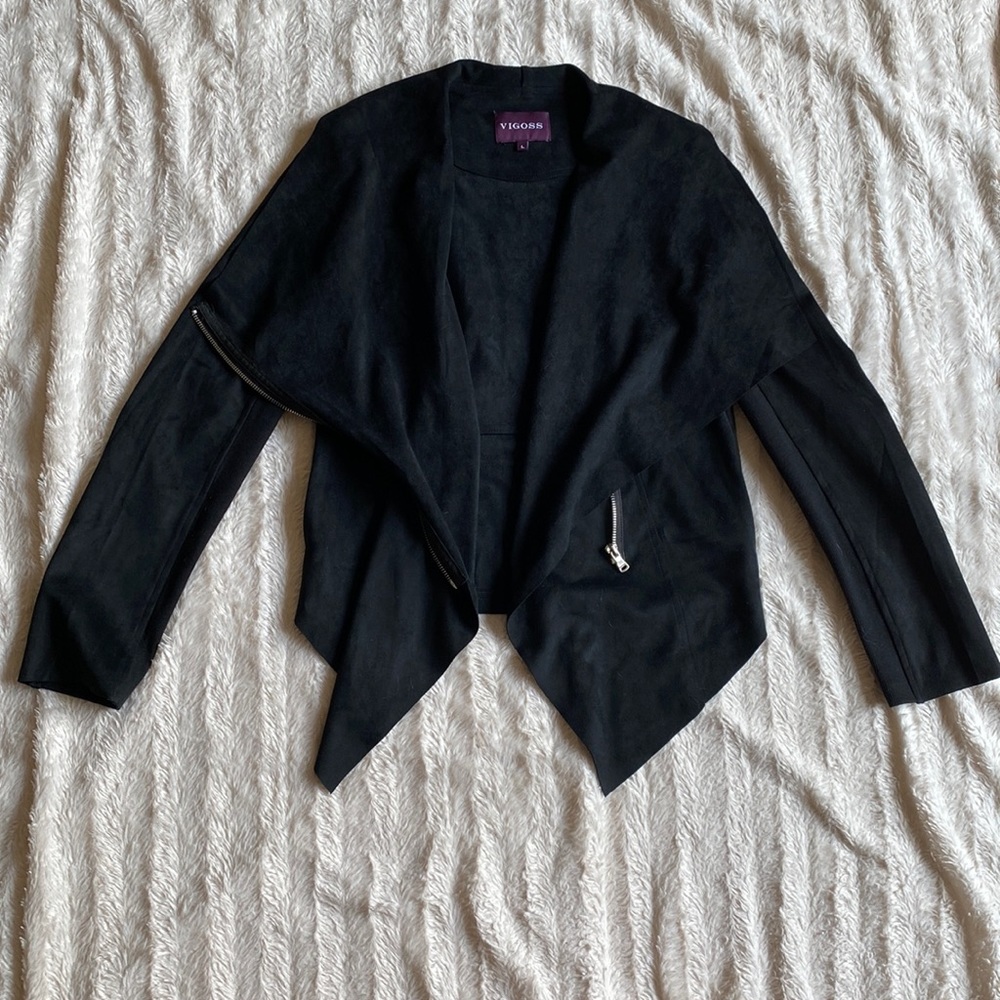 Black faux suede coat size large long sleeve jacket with pockets vigoss brand